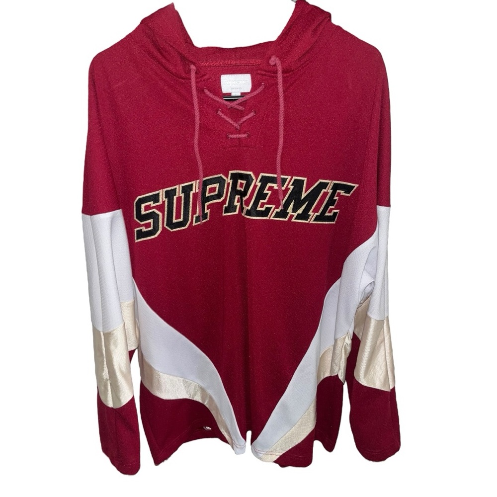 🩷 Supreme Men’s Jersey #19 Laced Up Hoodie SIZE LARGE RED WHITE GOLD